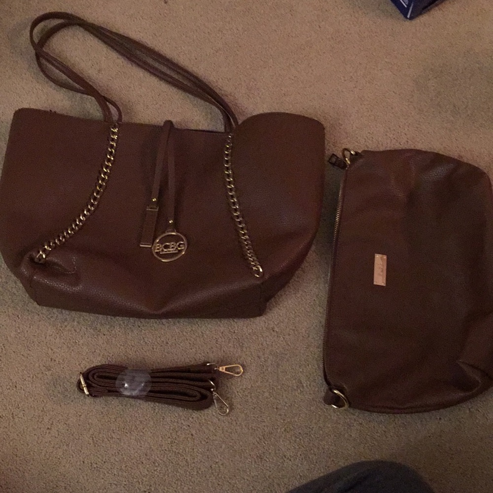 BCBG leather tote w/ interior bag and extra strap
